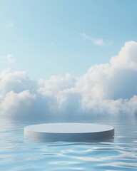 Poster - Serene showcase podium on tranquil water reflecting a soft blue sky with fluffy clouds dreamy and minimalist scene promoting calm and peace for product display