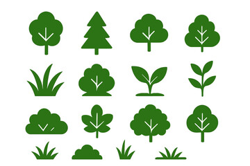 Poster - Collection of various green tree and plant icons representing nature and environment