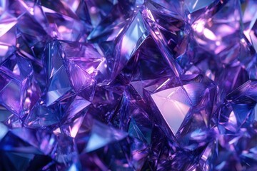Poster - Captivating close up of lustrous amethyst crystal formation with intricate facets and vibrant violet hues creating a mesmerizing gemstone texture and abstract background