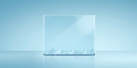 Poster - A clear glass block sits on a reflective surface against a pale blue gradient background