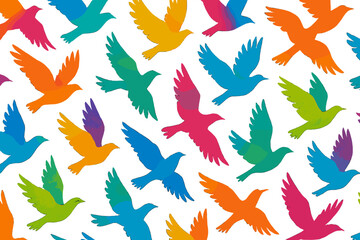 Poster - Colorful birds flying in various directions on a white background during a bright day in a creative design setting