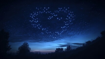 Wall Mural - Heart-shaped star formation in night sky over scenic landscape at dusk