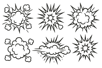 Poster - Stylized explosion and comic sound effect illustrations in black and white on a plain background