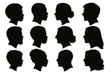 Poster - Silhouettes of diverse individuals showcasing various hairstyles and facial features for an art project or presentation