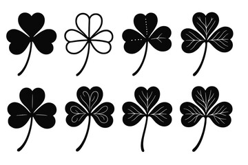 Poster - Various designs of four-leaf clovers shown in black silhouette against a white background
