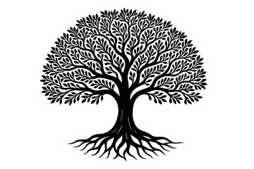 Poster - Intricate black tree with detailed leaves and roots in a minimalistic style for artistic representation