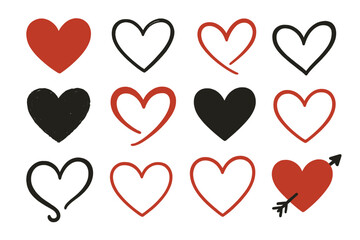 Poster - Collection of heart illustrations in various styles and colors showcasing love and emotions for creative projects