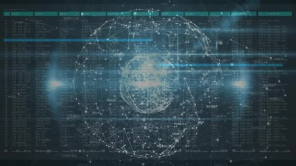 Poster - Wireframe globe network showing data panels, animating connected nodes and code streams
