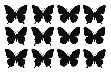 Poster - Collection of black butterfly silhouettes arranged in a grid pattern on a white background showcasing artistic design elements