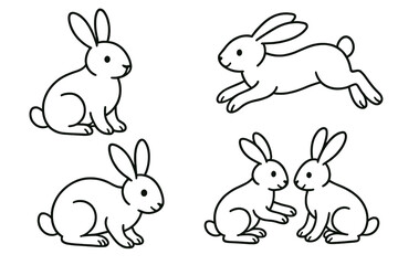 Poster - Cute rabbits in various poses, showing playful behavior and interactions in a simple, illustrative style