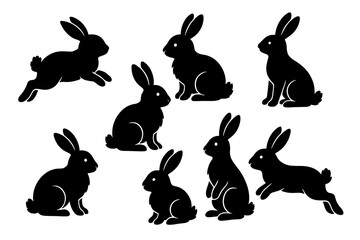 Poster - Collection of black rabbit silhouettes showcasing various poses and movements on white background
