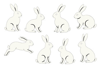 Poster - Various poses of rabbits illustrated against a simple background showcasing different movements and stances