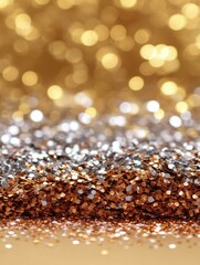 Poster - Shimmering layers of bronze silver and gold glitter creating a festive and luxurious background with soft bokeh effect perfect for celebration or holiday design