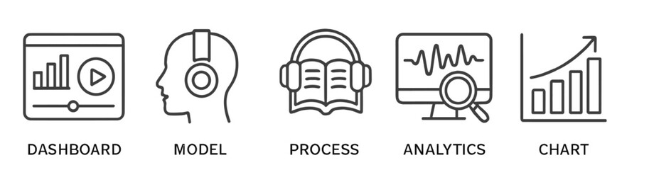 Aufkleber - Visual representation of data analysis tools with icons showcasing dashboard, model, and chart concepts