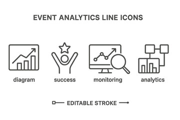 Aufkleber - Event analytics line icons represent various aspects of data analysis and success metrics in a simplified style for visual communication