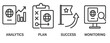 © icon_art - Illustration of analytics, planning, success, and monitoring in a global context with icons representing international strategy