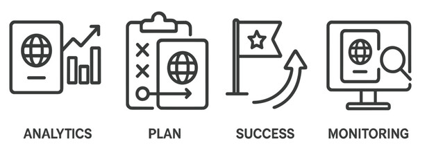 Poster - illustration of analytics, planning, success, and monitoring in a global context with icons represen