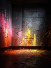Poster - Abstract art corner with vibrant splattered paint on concrete walls and floor creating dynamic colorful artistic expression and modern urban grunge aesthetic