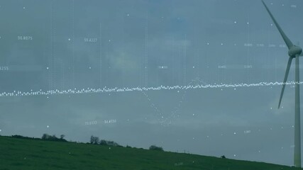 Poster - Wind turbine spinning on grassy hillside under cloudy sky showing data visualization in flat design
