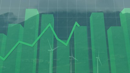 Poster - Translucent green 3D bar chart overlaying grid while green line graph flowing across wind turbines