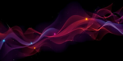 Poster - abstract flowing waves of red and purple with glowing particles on a black background