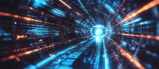Poster - futuristic digital tunnel with glowing lines and data streams.