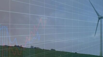 Poster - Wind turbine being rendered in flat design on green hillside, showing grid overlay and chart data