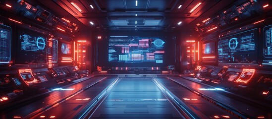 Poster - Futuristic spaceship bridge interior with vibrant red and blue neon lighting, featuring advanced control panels and holographic displays.