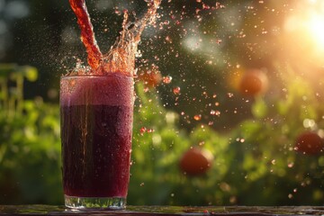 Poster - Refreshing splash of red juice being poured into a glass against a sunlit garden backdrop creating a vibrant and invigorating visual experience for summer