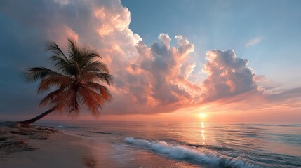 Aufkleber - Vibrant hues fill the sky as the sun sets over a calm ocean, creating a breathtaking display of colors reflected on gentle waves. A solitary palm tree leans gracefully against the warm breeze