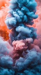 Poster - Ethereal cloudscape of swirling smoke in pastel blue and coral hues abstract background creating a dreamy and surreal atmosphere with soft light and gentle motion