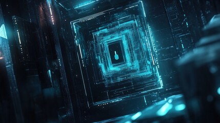 Poster - Abstract digital tunnel with glowing cyan square and padlock symbol.