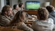 © liliyabatyrova - Enthusiastic viewers sit close together in a warm, inviting living room, completely engaged in the intense soccer match unfolding on the screen, sharing cheers and reactions