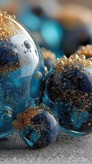 Poster - Artistic macro of blue and gold textured bubbles, symbolizing luxury, freshness, and molecular innovation