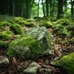 Poster - Mossy stone in a dense forest with green trees creating a serene and natural environment with a low angle shot capturing the beauty of nature