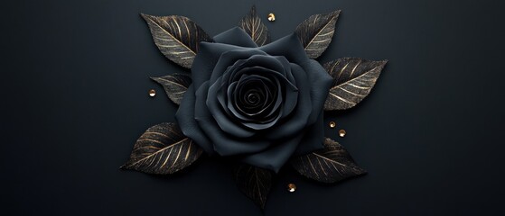 Poster - Elegant black rose with golden leaves on dark background capturing luxury and sophistication in a captivating floral arrangement with a clean background