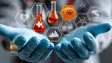 Poster - Gloved hands holding a futuristic medical interface featuring chemical flasks, molecules, and heart health diagnostics