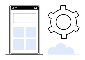 Poster - Smartphone interface template displaying app layout beside gear icon, symbolizing settings or operations. Ideal for technology, development, UXUI design, system integration, software customization