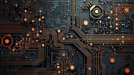 Poster - Abstract design featuring repeated circuit motifs with vibrant orange elements, showcasing a modern digital aesthetic suitable for technology-oriented projects
