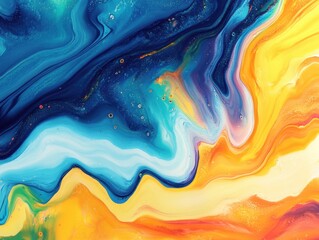 Aufkleber - Fluid abstract art with swirling blues yellows and oranges creating a dynamic and vibrant visual texture with a sense of depth and movement in a contemporary style