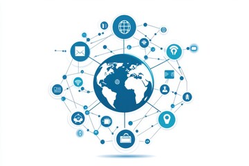 Poster - A blue and white graphic illustration of a world globe connected to various network icons