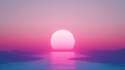 Wall Mural - Pixelated sunset over ocean horizon with vibrant pink and purple hues