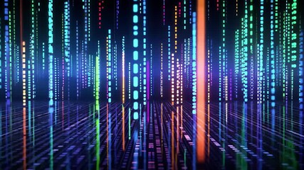 Fototapete - Dynamic neon binary code pattern moving through a dark space, creating a futuristic and immersive digital landscape with vibrant colors and gradual transitions