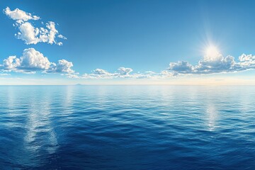 Poster - Serene ocean vista under a bright blue sky adorned with fluffy white clouds reflecting sunlight on calm water surface creating a peaceful seascape with distant horizon