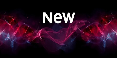 Poster - the word new in white text against a backdrop of abstract red and blue light patterns