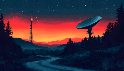 Poster - Satellite dish and communication towers at night