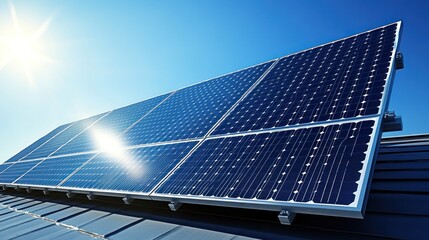 solar panels on a roof with a bright sun and clear blue sky.