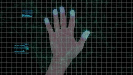 Poster - Palm scanning being animated in 3D render interface, with glowing grid, network lines and code