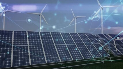 Poster - Solar panel array being visualized in scene, with wind turbines and smart grid overlay