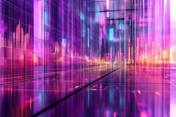 Poster - Abstract futuristic cityscape with glowing lines and vibrant colors, reflecting on a glossy floor.